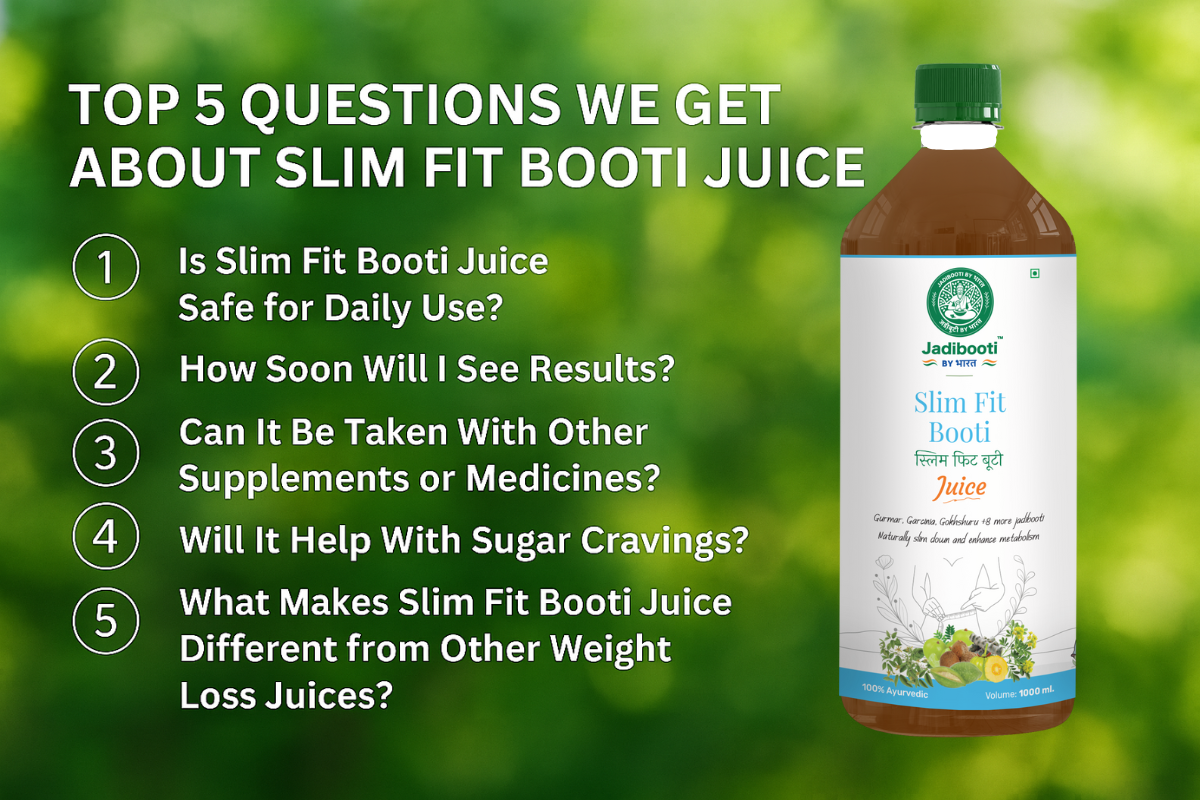 'Slim Fit Booti Juice' by Booti—featuring a brown bottle with a white and green label that reads 'Healthy Weight Loss – 100% Natural.' On the left, a list titled 'Top 5 Questions We Get About Slim Fit Booti Juice' addresses safety, results timeline, suppl